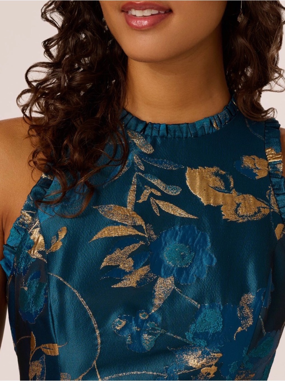 Adrianna Papell Teal and Gold Floral High-Low Dress - Picture 4 of 12